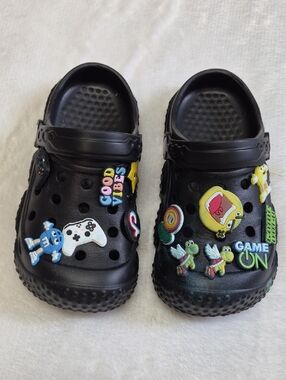 Kids Black Clog Shoes with Game & Character Charms